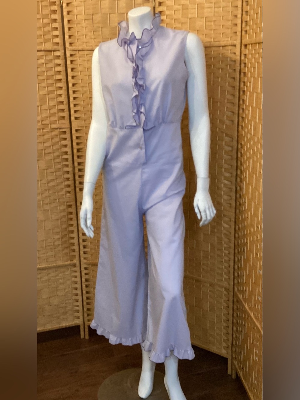 Vintage 60’s - 70’s Sleeveless Lavender Ruffle 1 Piece Cotton Jumpsuit